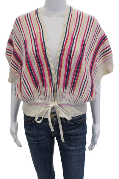 Sita Murt Womens Cardigan Beige Striped V Neck Short Sleeve Size S