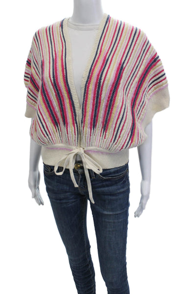 Sita Murt Womens Cardigan Beige Striped V Neck Short Sleeve Size S
