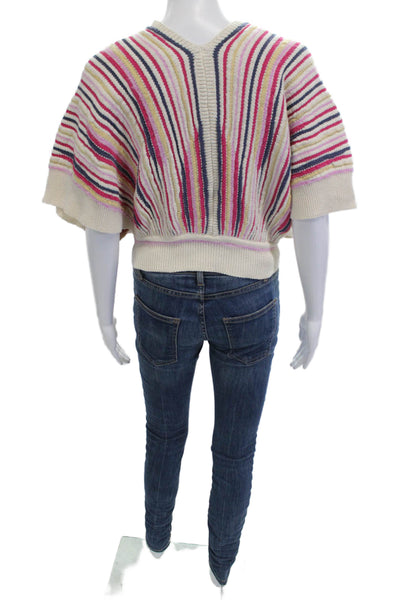 Sita Murt Womens Cardigan Beige Striped V Neck Short Sleeve Size S