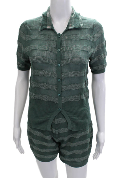 Sita Murt Women Jumpsuit Green Cotton Linen Striped Short Sleeve Size M