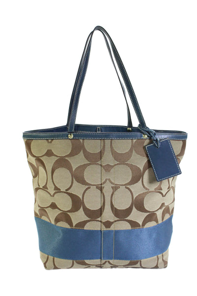 Coach Womens Embroidered Monogram Signature Stripe Tote Bag Khaki