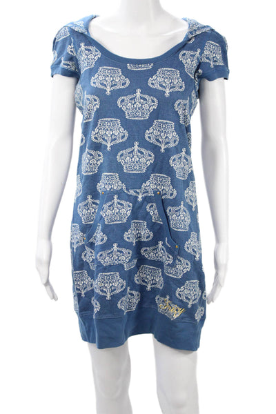 Juicy Couture Womens Sweater Dress Blue Graphic Cotton Short Sleeve Mini Size S