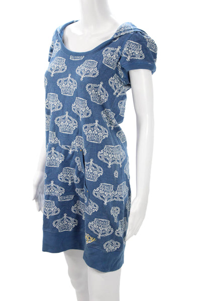 Juicy Couture Womens Sweater Dress Blue Graphic Cotton Short Sleeve Mini Size S