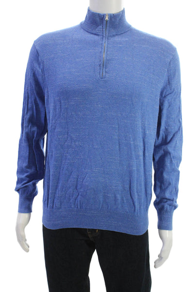 J Crew Mens Pullover Mock Neck Zip Cotton Blue Long Sleeve Size L