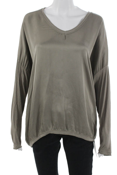 Natacha Women Solid Gray Silk V Neck Long Sleeve Basic Blouse Size S