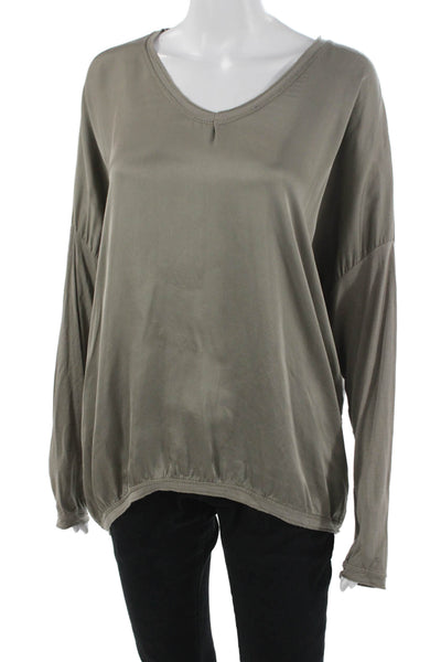 Natacha Women Solid Gray Silk V Neck Long Sleeve Basic Blouse Size S
