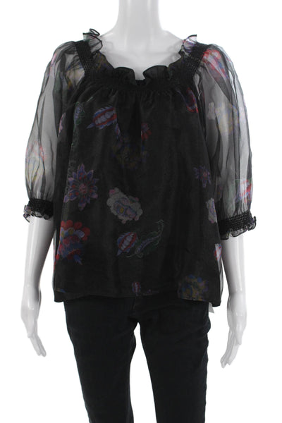 Cynthia Rose Women Black Floral Round Neck 3/4 Sleeve Blouse Size M