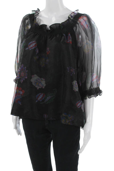 Cynthia Rose Women Black Floral Round Neck 3/4 Sleeve Blouse Size M