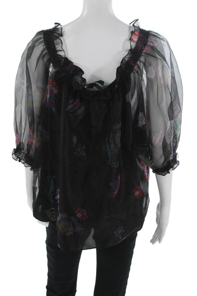 Cynthia Rose Women Black Floral Round Neck 3/4 Sleeve Blouse Size M