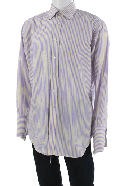 Paul Fredrick Mens Point Collar Striped Purple Dress Shirt Size 16