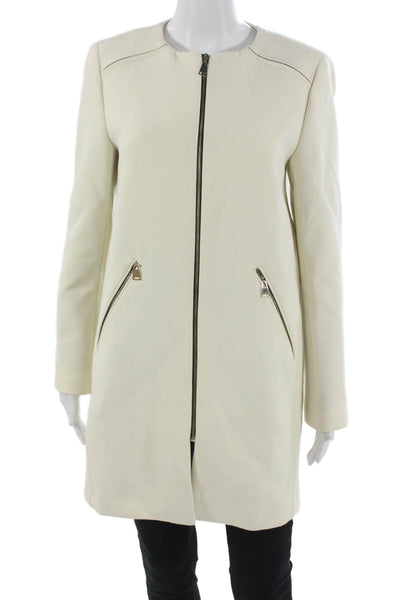 Zara Woman Womens Overcoat Beige Goat Velvet Crew Neck Zip Long Sleeve Size M