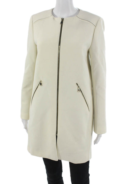 Zara Woman Womens Overcoat Beige Goat Velvet Crew Neck Zip Long Sleeve Size M
