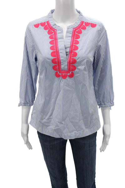 Vineyard Vines Womens Tunic Blouse Light Blue Striped 3/4 Sleeve Tie Size XS