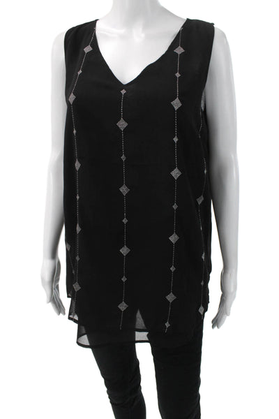 Neiman Marcus Women Black Geometric V-Neck Sleeveless Tunic Polyester Size L