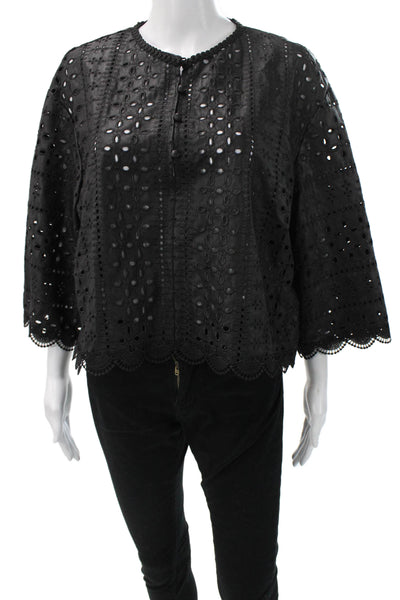 Zara Women Bohemian Black 3/4 Sleeve Crew Neck Button Blouse Size L