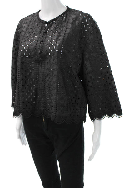 Zara Women Bohemian Black 3/4 Sleeve Crew Neck Button Blouse Size L