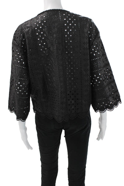 Zara Women Bohemian Black 3/4 Sleeve Crew Neck Button Blouse Size L
