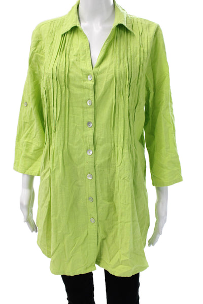 Soft Surroundings Womens Tunic Buttonup Collared 3/4 Sleeve Green Cotton Size M