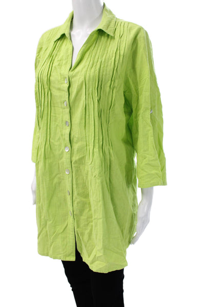Soft Surroundings Womens Tunic Buttonup Collared 3/4 Sleeve Green Cotton Size M