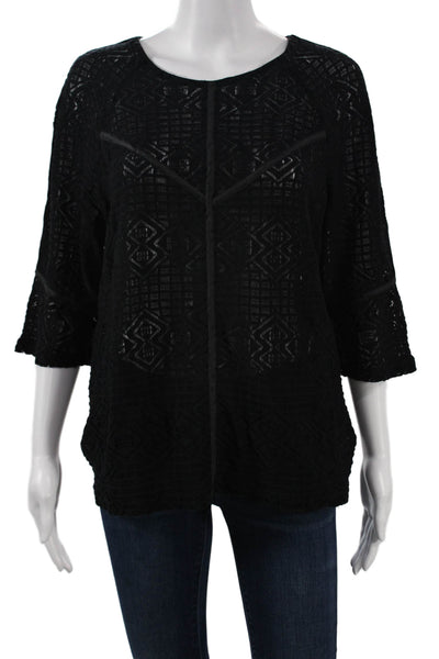 Sandro Women Tunic Blouse Black Aztec 3/4 Sleeve Round Neck Size S