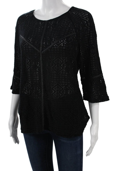 Sandro Women Tunic Blouse Black Aztec 3/4 Sleeve Round Neck Size S
