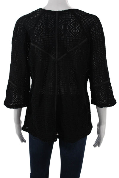 Sandro Women Tunic Blouse Black Aztec 3/4 Sleeve Round Neck Size S