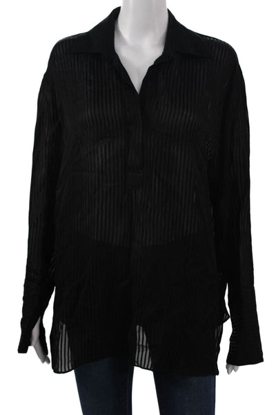 Zara Womens Collared Striped Black Button Up Blouse Long Sleeve Viscose Size M