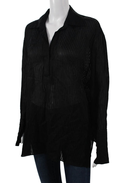 Zara Womens Collared Striped Black Button Up Blouse Long Sleeve Viscose Size M