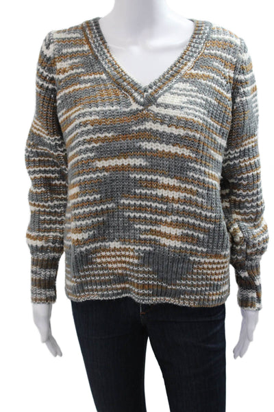 Cinq à Sept Women Striped V-Neck Pullover Sweater Gray Long Sleeve Size XS