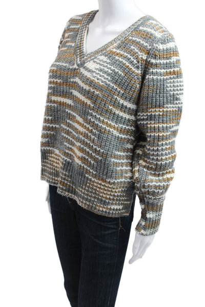 Cinq à Sept Women Striped V-Neck Pullover Sweater Gray Long Sleeve Size XS