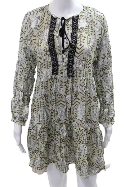 Zara Women Kaftan Shirt Dress Beige Button Long Sleeve Geometric Size XS