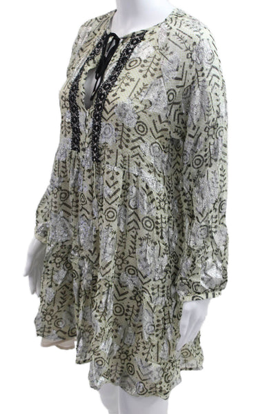 Zara Women Kaftan Shirt Dress Beige Button Long Sleeve Geometric Size XS