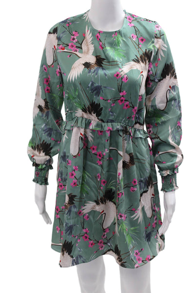 Zara Basic Womens Fit & Flare Mini Dress Green Long Sleeve Round Neck Size S