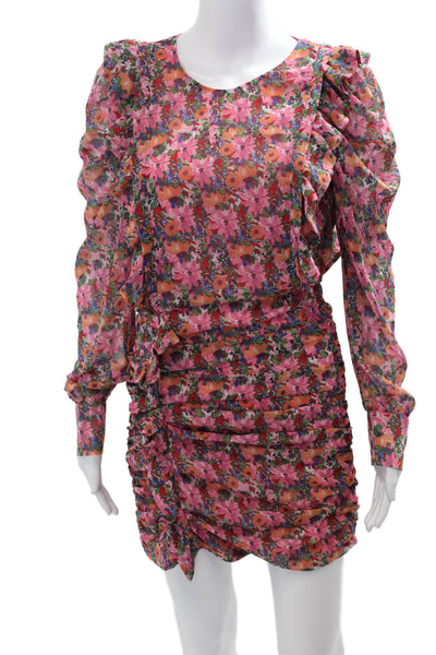 Zara Women Bodycon Mini Dress Pink Long Sleeve Floral Round Neck Size XS