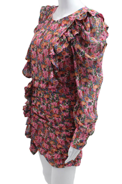 Zara Women Bodycon Mini Dress Pink Long Sleeve Floral Round Neck Size XS