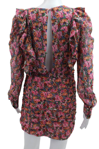 Zara Women Bodycon Mini Dress Pink Long Sleeve Floral Round Neck Size XS