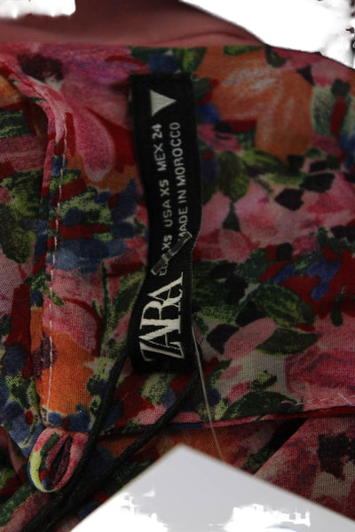 Zara Women Bodycon Mini Dress Pink Long Sleeve Floral Round Neck Size XS
