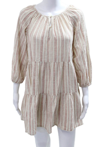 The Great Women Trapeze Striped Beige Cotton Dress 3/4 Sleeve Size 0