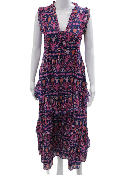 Banjanan Womens Dark Blue Floral Maxi Sundress V Neck Tie Size XS