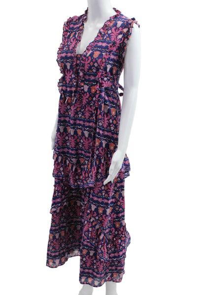 Banjanan Womens Dark Blue Floral Maxi Sundress V Neck Tie Size XS