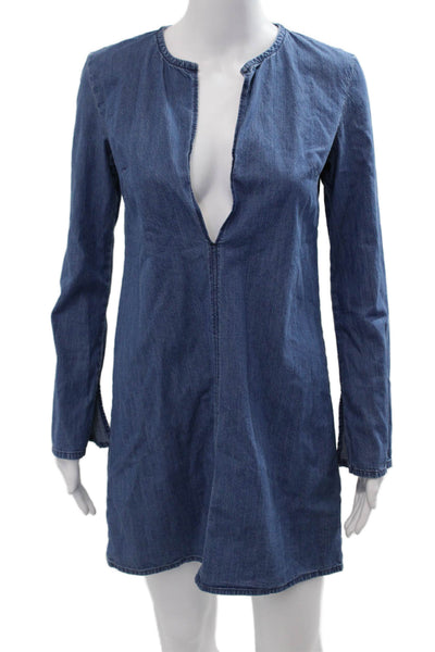 3x1 NYC Women Shift Dress Blue Long Sleeve Cotton Size S