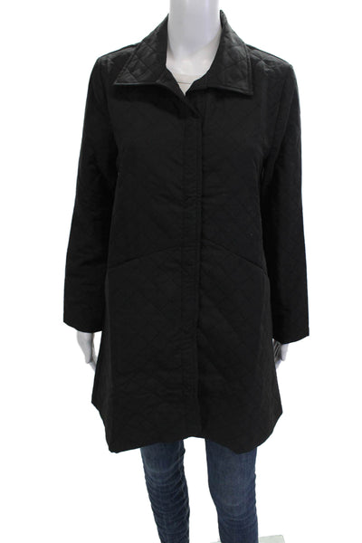 Shana Womens Quilted Coat Black Collared Argyle Snap Long Sleeve Size L