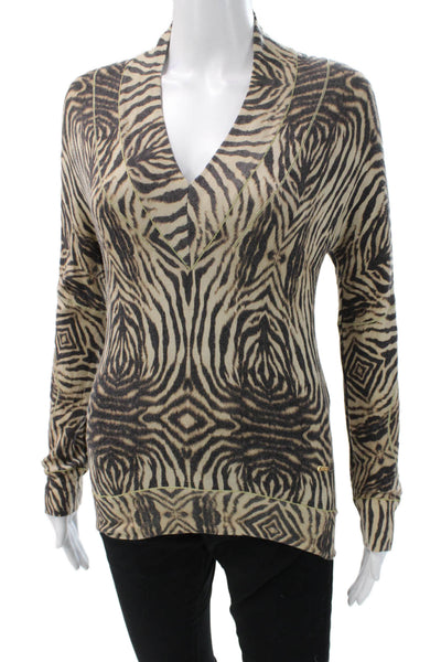 Roberto Cavalli Womens Beige V-Neck Animal Print Pullover Sweater Size 46