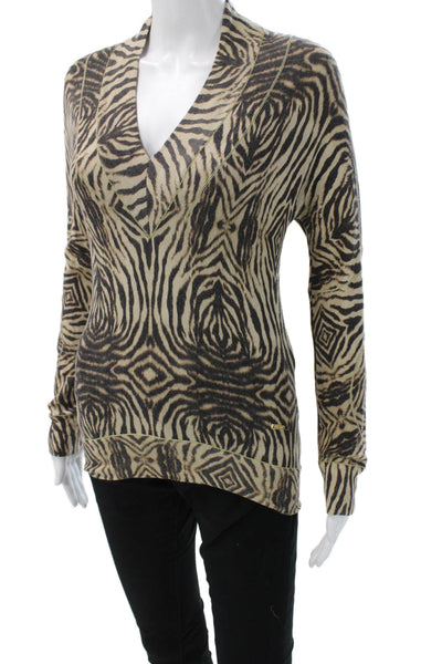Roberto Cavalli Womens Beige V-Neck Animal Print Pullover Sweater Size 46