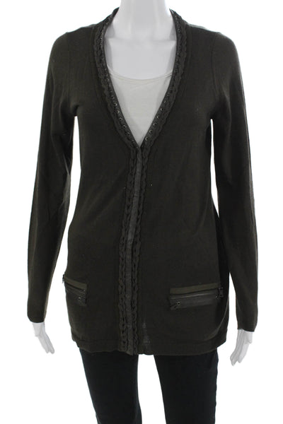 Elie Tahari Womens Black Merino Wool V-Neck Lace Up Cardigan Long Sleeve Size M