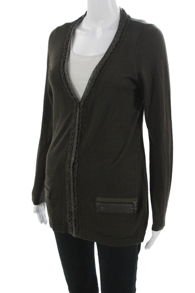 Elie Tahari Womens Black Merino Wool V-Neck Lace Up Cardigan Long Sleeve Size M