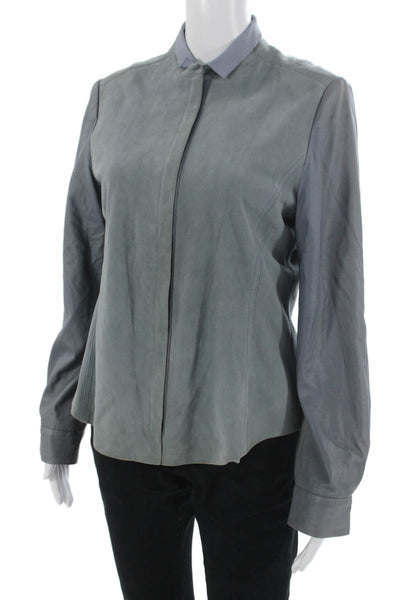 Elie Tahari Women Lamb Suede Collared Zip Jacket Gray Long Sleeve Size M