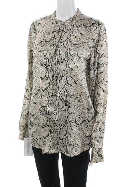 Equipment Femme Women Blouse Beige Silk Mock Neck Long Sleeve Button Size M