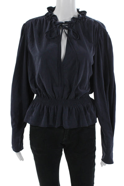 Rebecca Taylor Women Dark Blue High Neck Long Sleeve Blouse Drawstring Size L