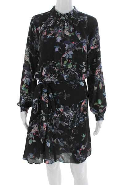 Reiss Womens Black Floral Blouson Knee Length Dress Long Sleeve Tie Neck Size 6